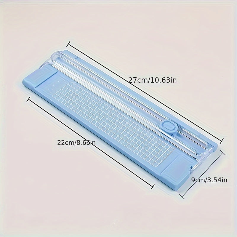 Compact sliding paper cutter for A4 paper, photos, copy paper, and stationery. Dual-direction design with measuring ruler. Available in bright pink, purple, green, blue, and black. Compact