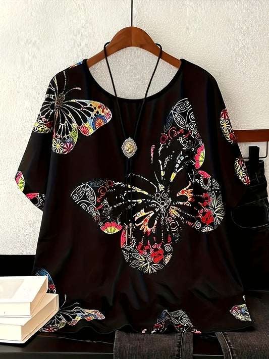 Butterfly print T-shirt for plus size women, crew neck style.