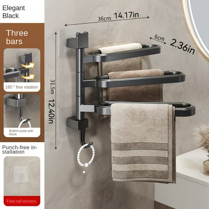 3-bar rotating towel rack - wall mounted, no-drill installation, ABS plastic, waterproof and rustproof, modern style for bathroom storage.