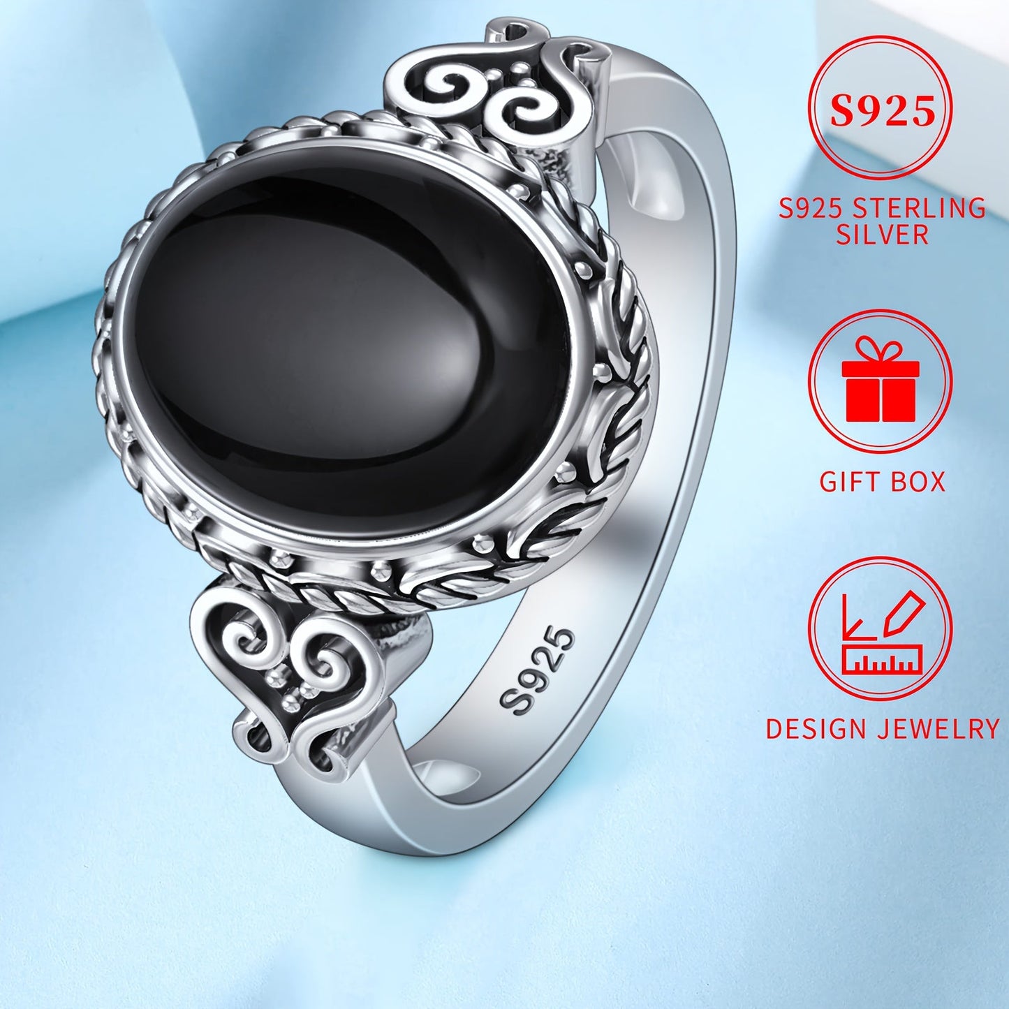 A beautiful S925 sterling silver ring featuring a black agate stone, perfect for women. Hypoallergenic and nickel-free, this ring showcases a heart vine pattern in a Victorian vintage style. Crafted with high-quality materials, it is suitable for daily