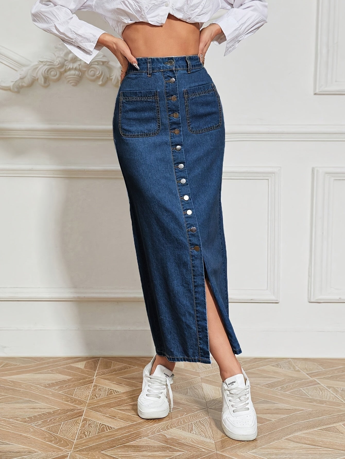 Denim midi skirt for women with high waist, solid color, front button detail, medium stretch fabric, straight cut, ideal for spring/summer/fall.