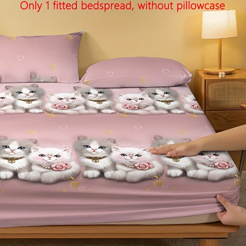 Printed Fleece Bed Sheet with Cute Cat Design, Perfect for Couples in the Bedroom, Complete Bedding Set