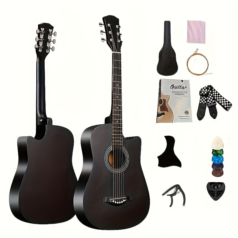 Comprehensive acoustic guitar starter kit with premium basswood guitars in various colors, accessories, and teaching materials - perfect for all skill levels, including beginners and