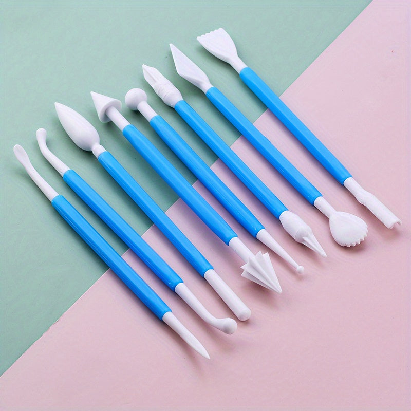 Set of 8 fondant cake decorating tools with 16 patterns for carving flowers, crafting clay, modeling, and baking accessories.