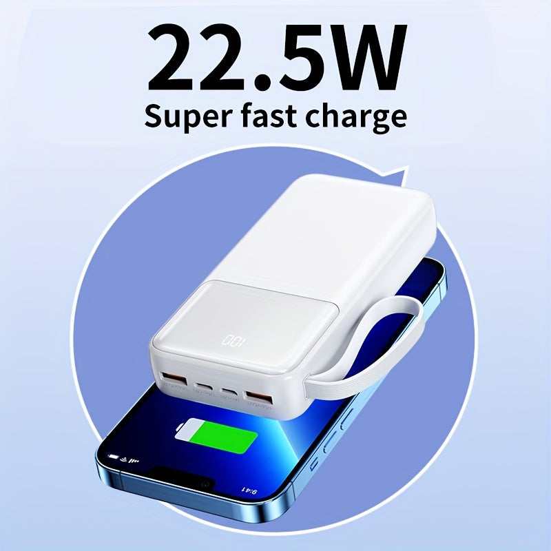 20000mAh Portable Power Bank with fast PD20W charging, 4 built-in charging cables, LED power display, lanyard. Suitable for iPhone/Android and other devices. Ideal for emergencies.