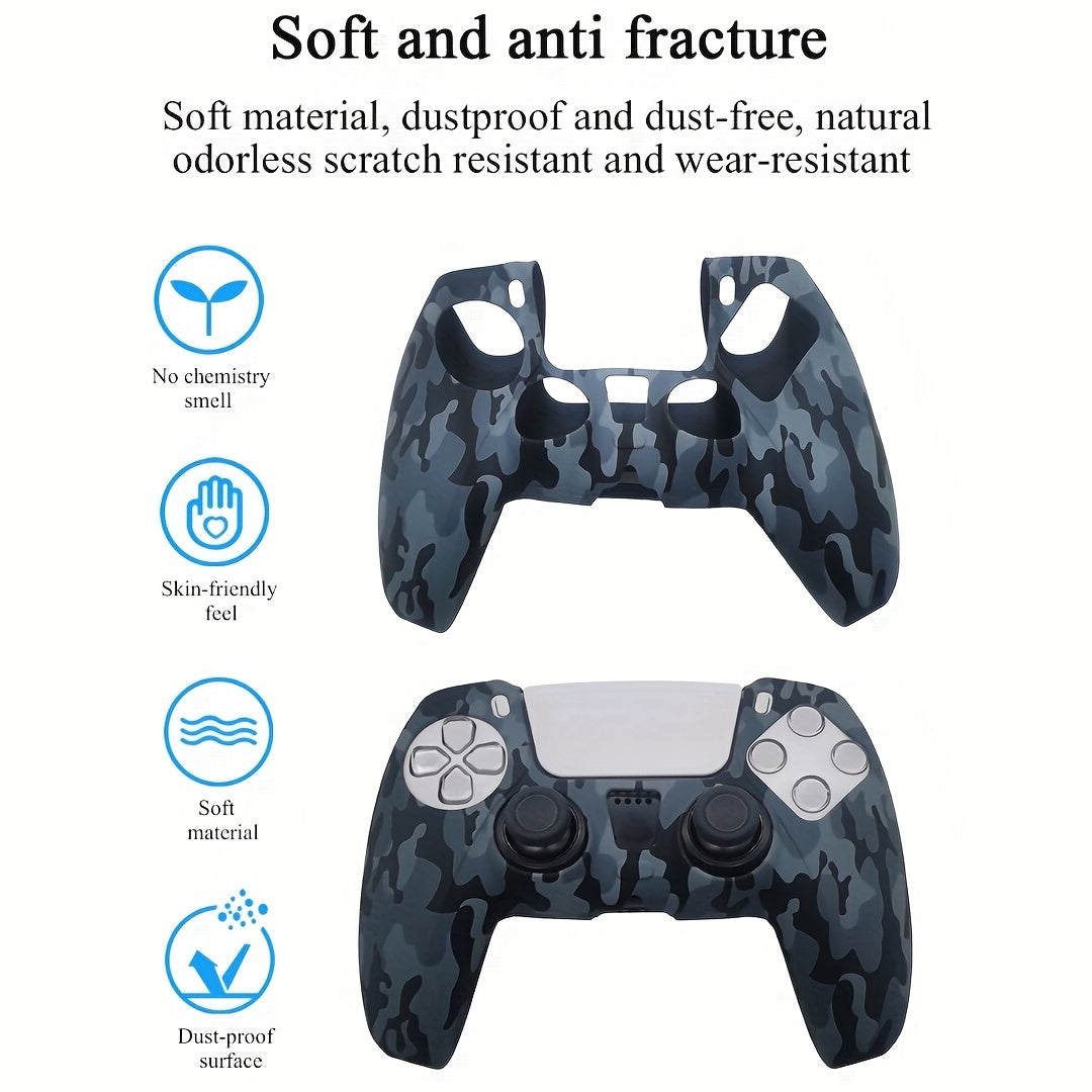 Silicone soft device shell with camo pattern for PS5 controller, water transfer gaming cover with anti-slip texture, enhanced tactile experience, scratch resistant.