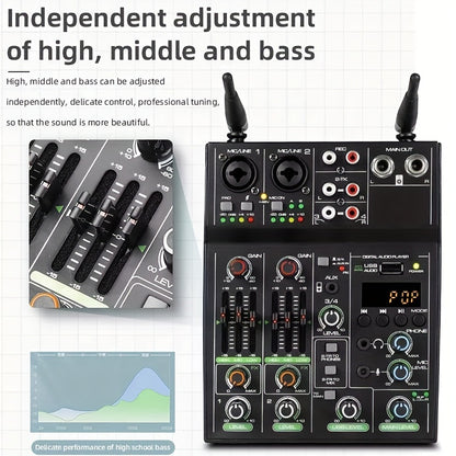 4-Channel Audio Mixer with UHF Mic System for Stage, Karaoke, and Live Performances – USB Powered, Alloy Construction, Black, Includes 2 Microphones and Phantom Power Supply, Mic Accessories