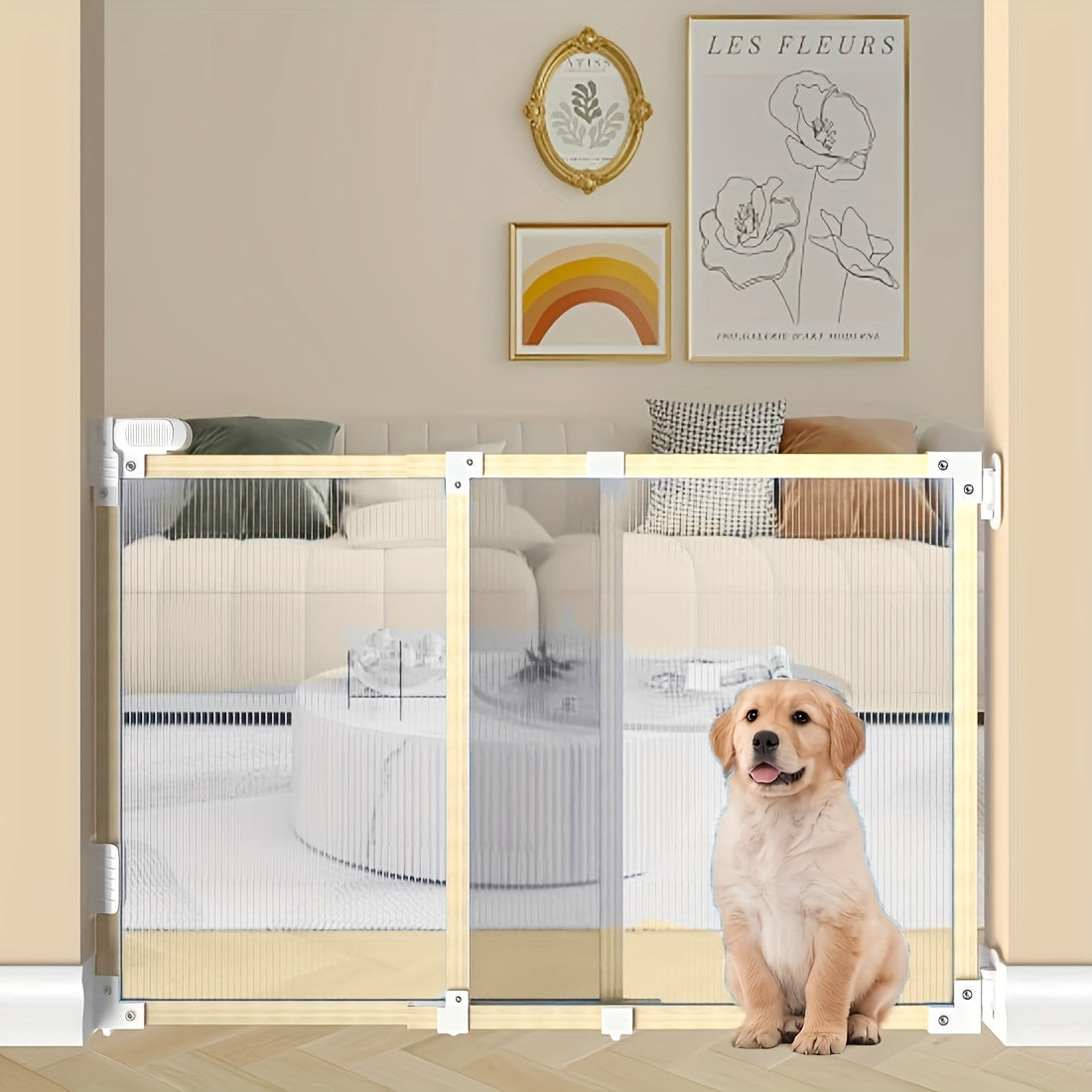 The TWO DADS Baby Gate is an expandable safety barrier for indoor use, suitable for staircases, doorways, and hallways. This puppy gate requires no assembly and can be easily installed with adhesive. It features a plastic hinge material and a sturdy