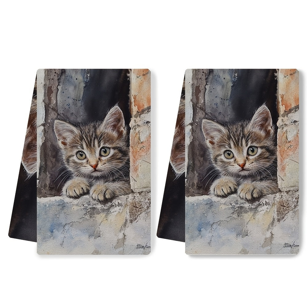 Get your hands on 2pcs of ultra soft kitchen towels featuring an adorable peeking kitten design. These highly absorbent and machine washable dish hand towels come in a contemporary style and measure 40.64x60.96 cm. Perfect for home decor or as dish