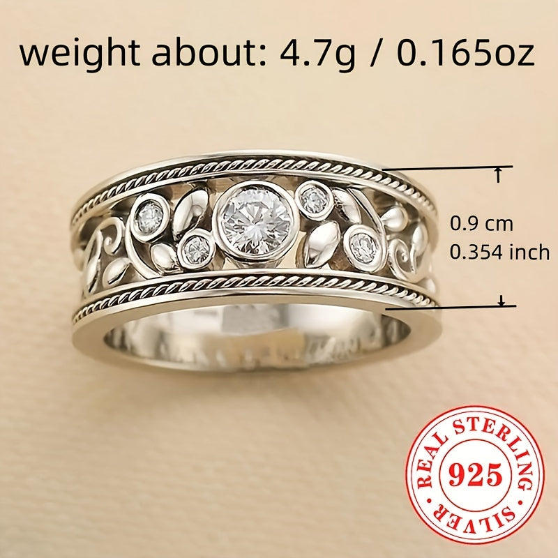 Beautiful silver ring for women, featuring a hollow leaf design with synthetic cubic zirconia stones. Made of 925 sterling silver, this elegant piece is perfect for daily wear and vacations. Ideal for those with an April birthday or anyone who loves