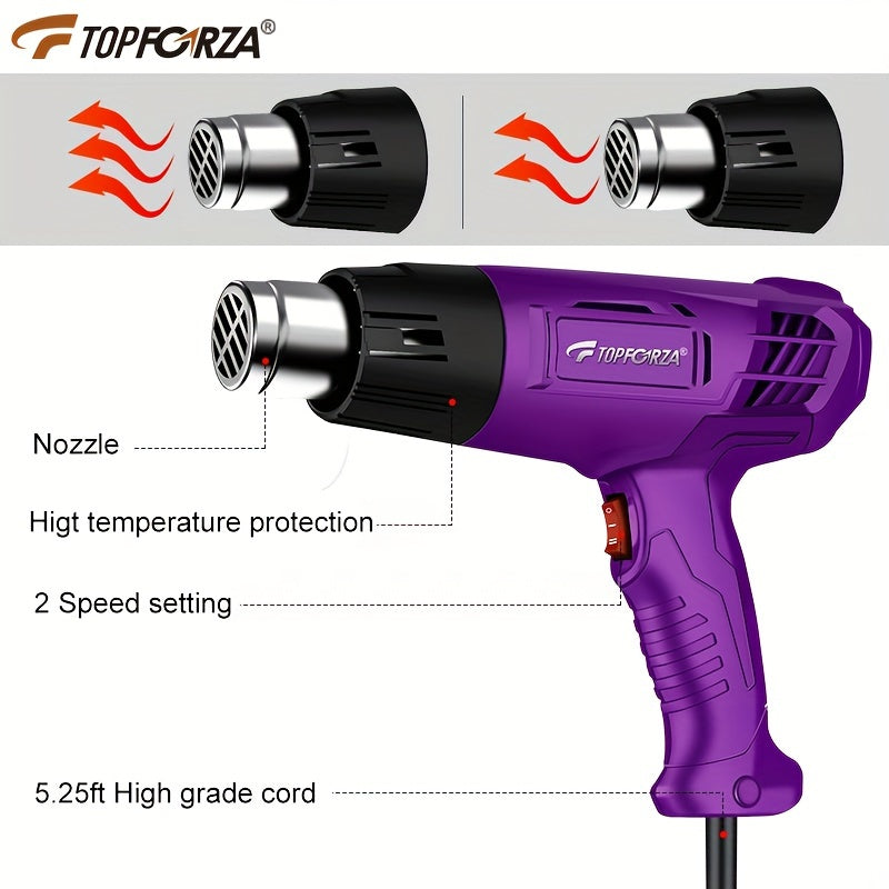 Fast preheating heat gun with temperature control and overload protection, ideal for crafts, PVC shrinking, and paint stripping. Kit includes 4 nozzles.