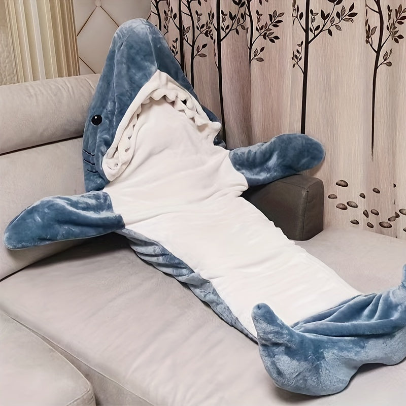 Soft and warm shark-shaped plush fleece sleeping bag, perfect for autumn and winter comfort. This cozy flannel throw blanket is great for couch, sofa, bed, and travel. Comes in gray/white, providing ultimate comfort and style.