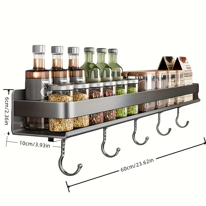 One gun gray stainless steel seasoning rack, designed to hang on the wall without the need for drilling. Comes with 5 hooks for additional storage. Ideal for organizing kitchen seasoning bottles.