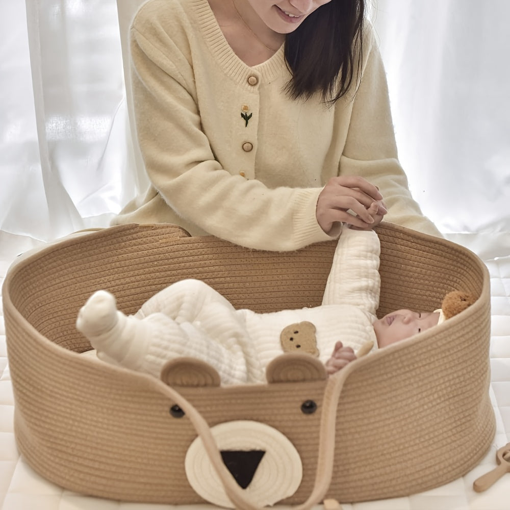 The LA DEARCHUU Portable Baby Crib features a charming Bear Design and a Foldable Fabric Cradle. It also includes a Multifunctional Weaving Storage Basket in Beige/Khaki. This product does not require batteries and is suitable for Newborns up to 3 years