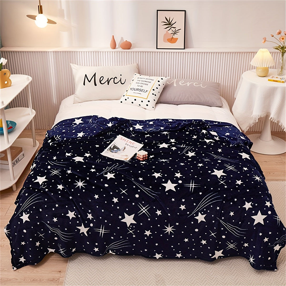 Soft, warm, and cozy, the Starry Night Blue Flannel Throw Blanket is perfect for your couch, bed, office, or travel adventures. Made of all-season polyester fleece, this blanket features a stylish geometric space design.