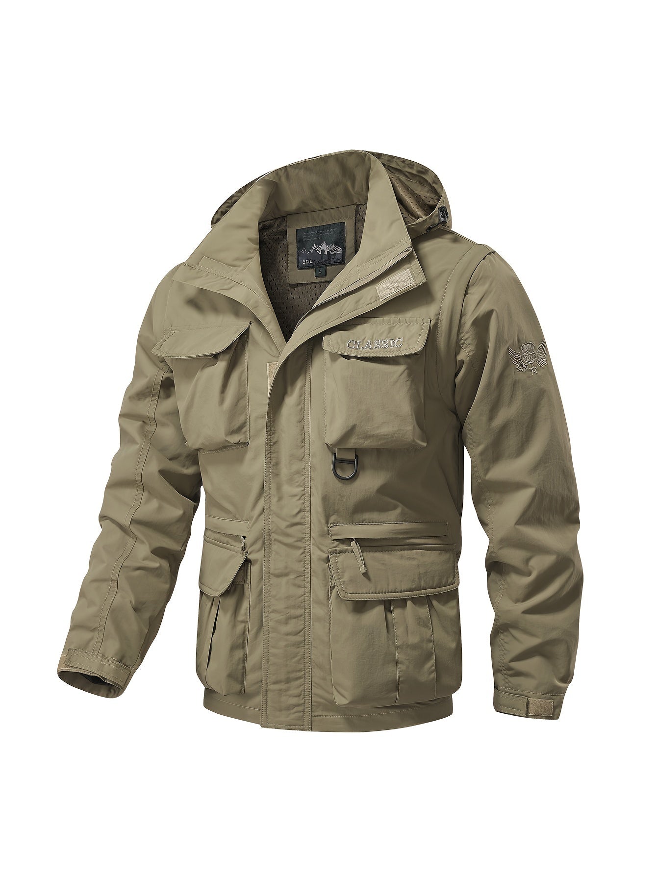 Men's Detachable Windbreaker Hooded Jacket with Multi Pocket Cargo Vest for Outdoor Activities.