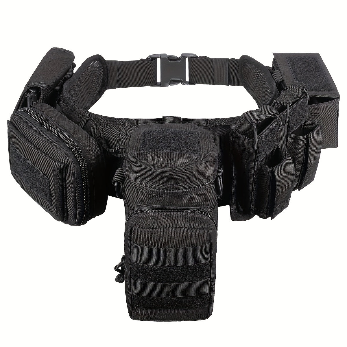 BOMTURN Tactical Utility Belt Set with MOLLE System includes 7 pieces of camouflaged polyester gear suitable for hunting and fishing.