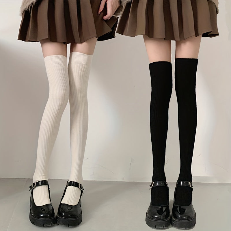 Autumn/Winter Long Stockings for Women in Japanese High Vertical Stripes, Black, Thickened for Warmth. Available in 1, 2, or 3 Pairs.