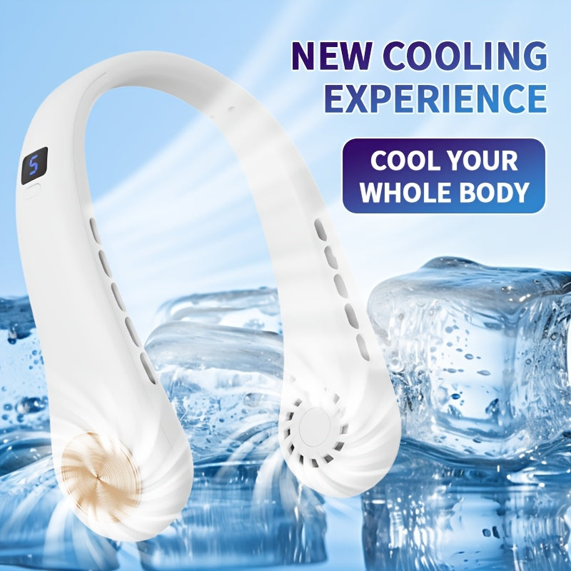 Stay cool with the JKUOO Portable Neck Fan, featuring a digital display, 5 speed settings, adjustable silicone strap, USB rechargeable 1200mAh lithium battery, and large wind output. Perfect for use at home, in the office, or during outdoor activities