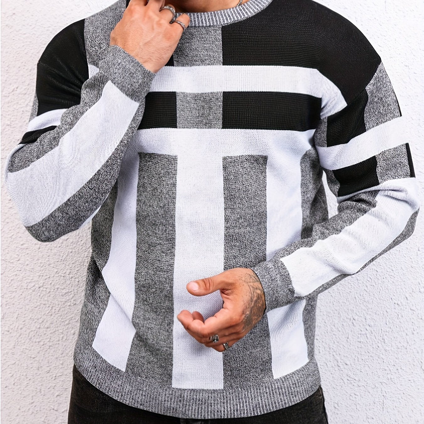 New men's fashion jacquard sweater for autumn and winter, casual tops pullover with long sleeve crew neck.