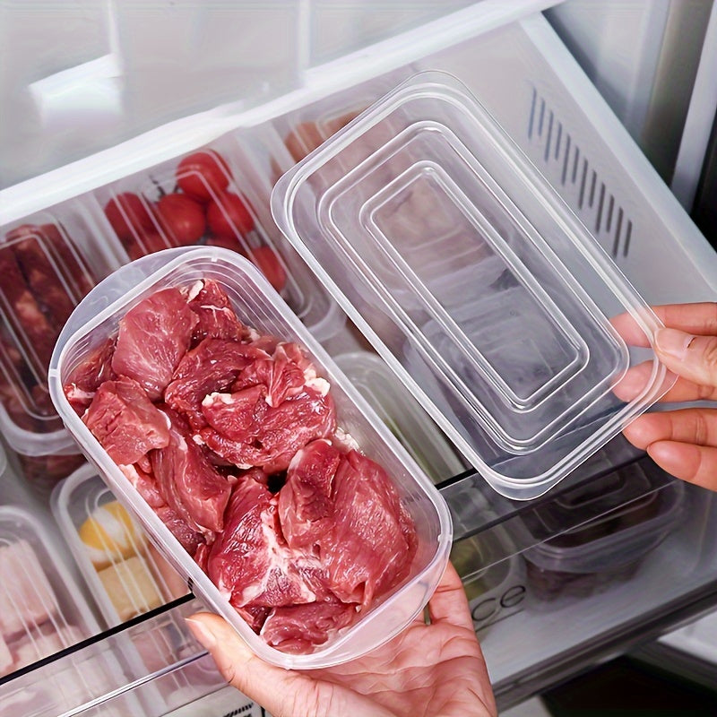 Five clear plastic food storage containers, ideal for organizing your fridge or taking on the go. Constructed from food-safe PP material.