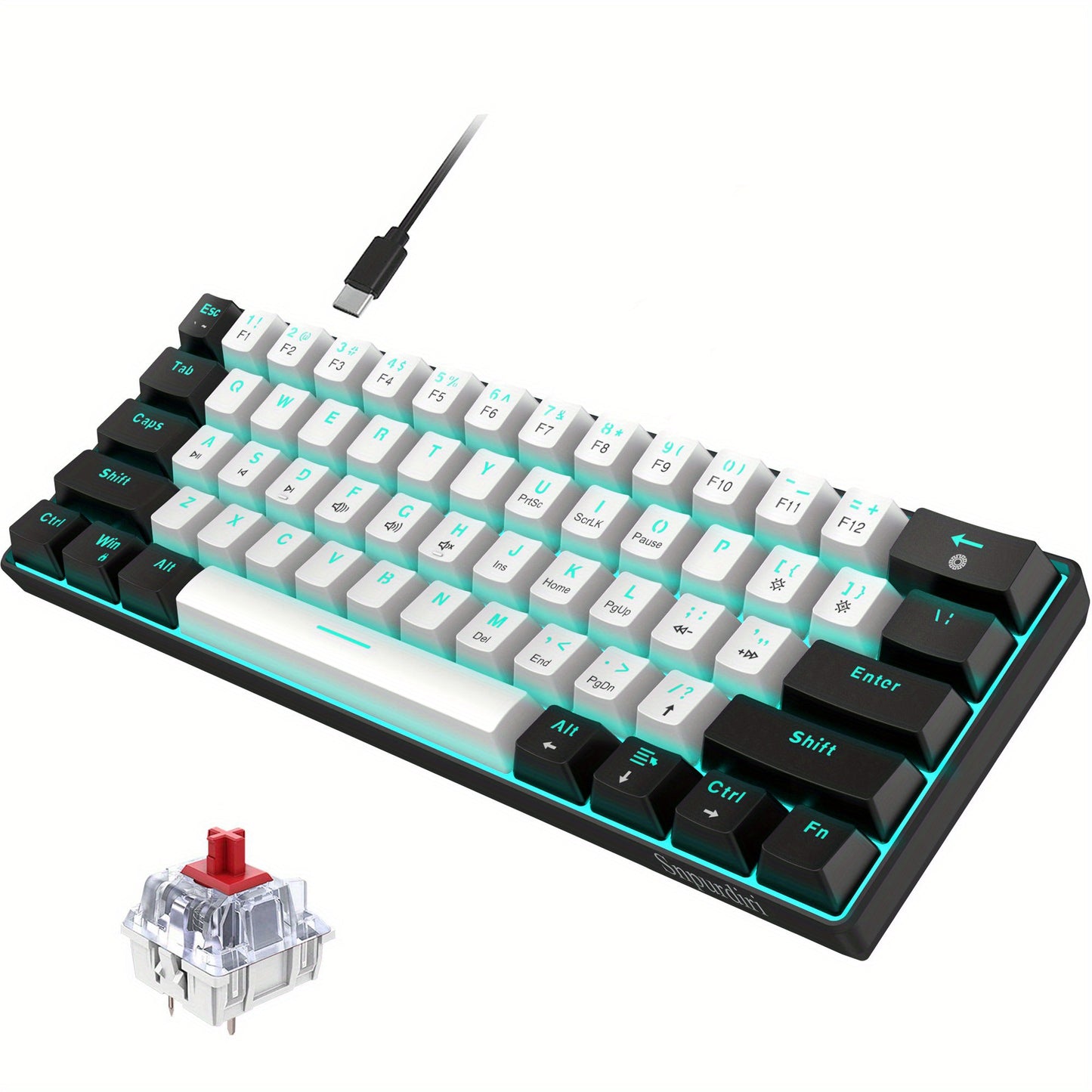 Snpurdiri 60% Mechanical Gaming Keyboard with LED Backlight, Blue and Red Switches, Portable Design