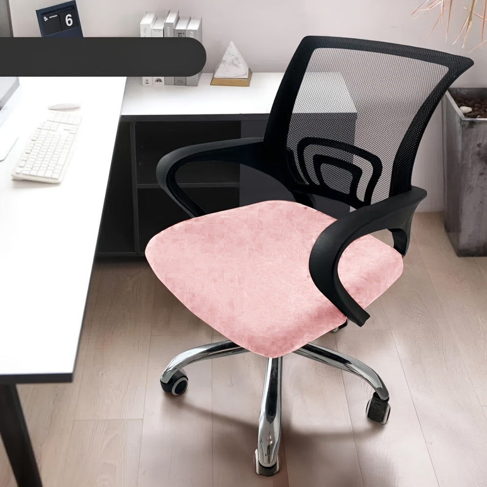 Machine washable pink velvet chair cover fits swivel and computer chairs, adds modern flair to home office décor.