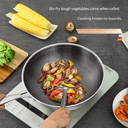 The Stainless Steel Chef's Pan features a non-stick honeycomb surface, making it scratch-resistant and heat-resistant. Its ergonomic one-handed design is perfect for stir-frying. This versatile cookware is ideal for both home and outdoor use.