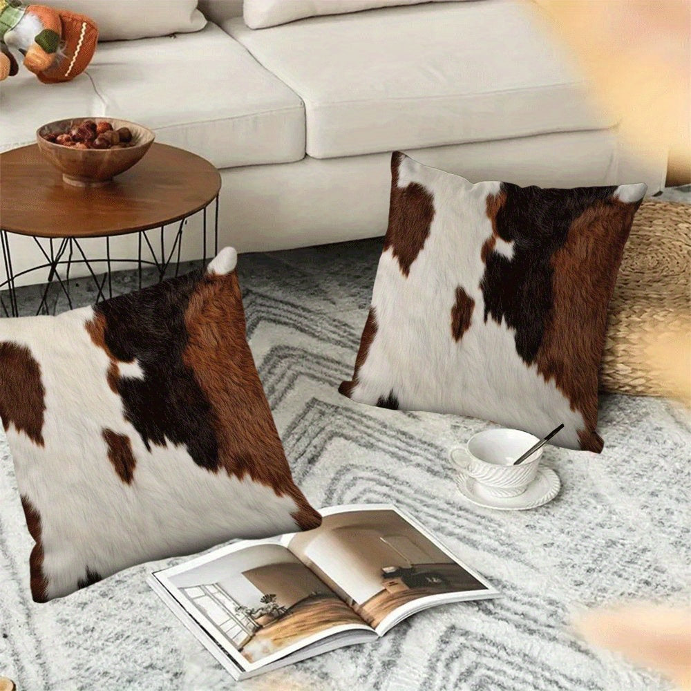 Set of 2 Modern Farmhouse Cowhide Print Pillow Covers, 45.72x45.72 cm, Made from Flannel Fabric, Easy to Clean in the Washing Machine, Stylish Decorative Throw Pillow Cases with Zipper Closure for Sofa and Bedroom, Provides Comfort All Year Round