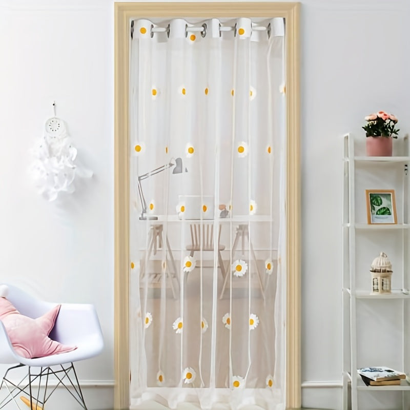 Yellow Daisy Pattern Tulle Curtain Sheer Panel with Embroidered Country Flowers Design, Grommet Top Window Treatment for Kitchen, Restaurant, or Home Decor