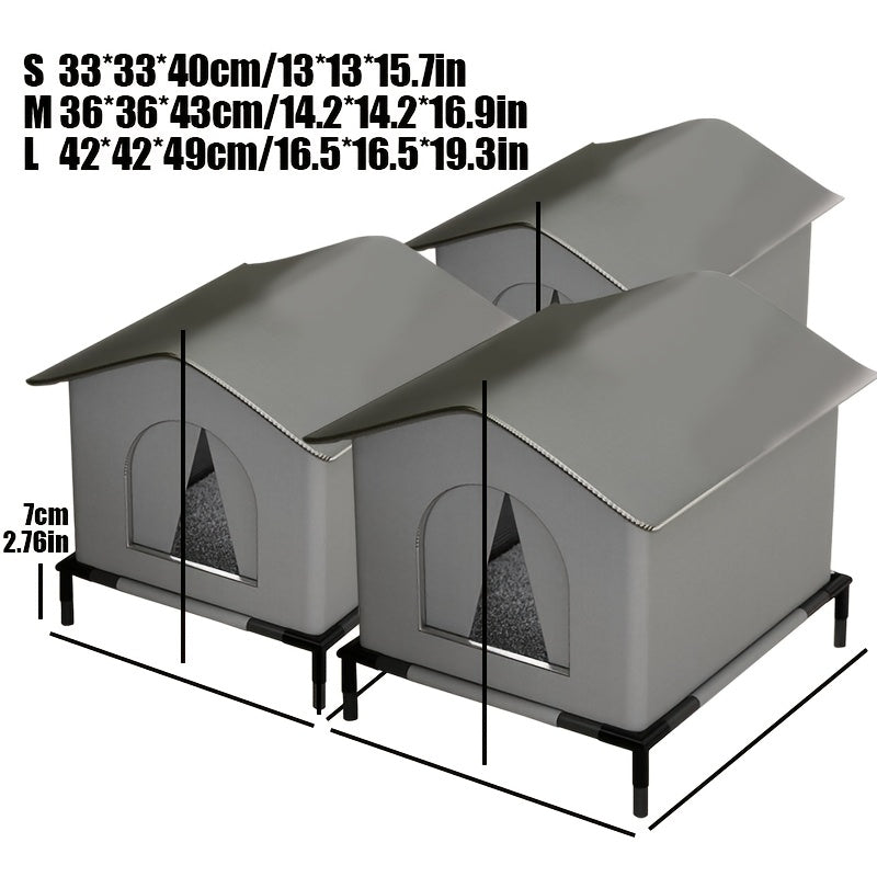 Waterproof outdoor cat shelter with stand, warm cushion, and Oxford fabric for stray cats.