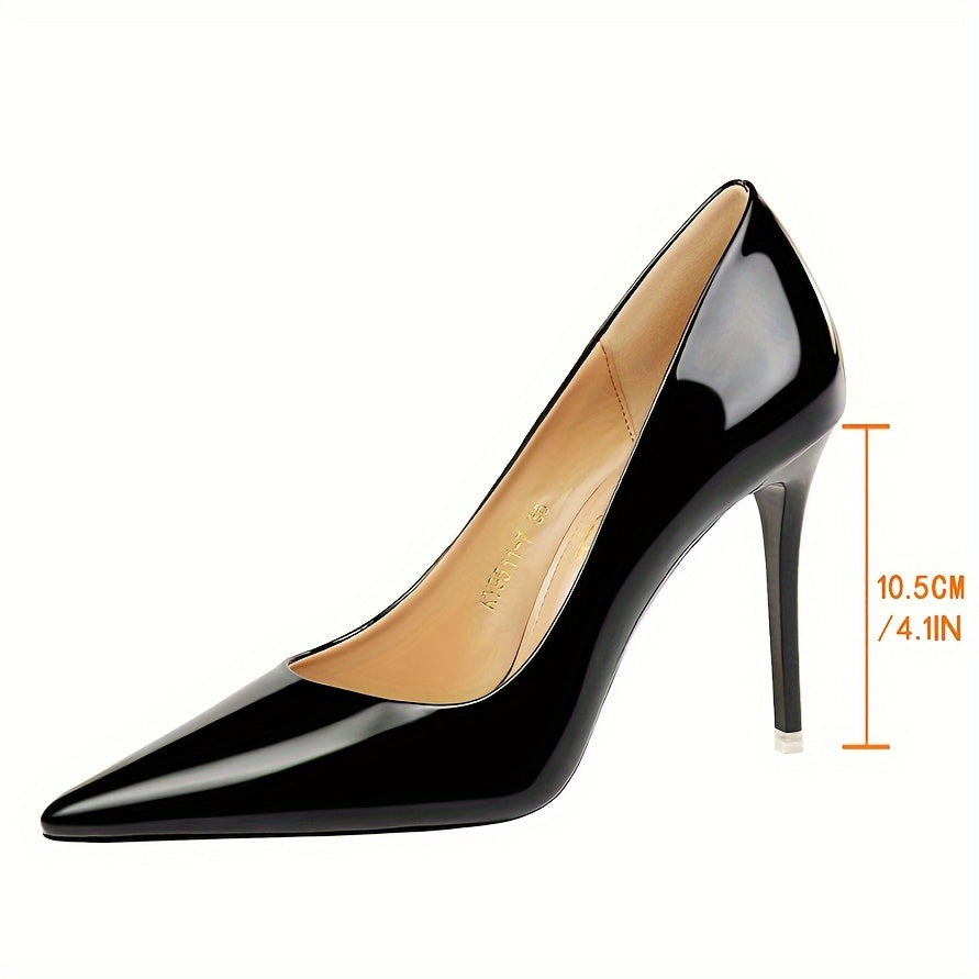 Elegant metallic stiletto heels for women with sleek pointed toe, transparent strap, and lightweight PU cover.