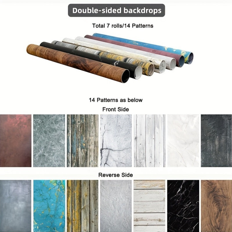 7PCS PVC Photography Backdrops, 14 Double-Sided Patterns, Waterproof and Reusable, 86.36x58.42 cm, Ideal for Food, Jewelry, Cosmetics, and Fashion Accessory Photography