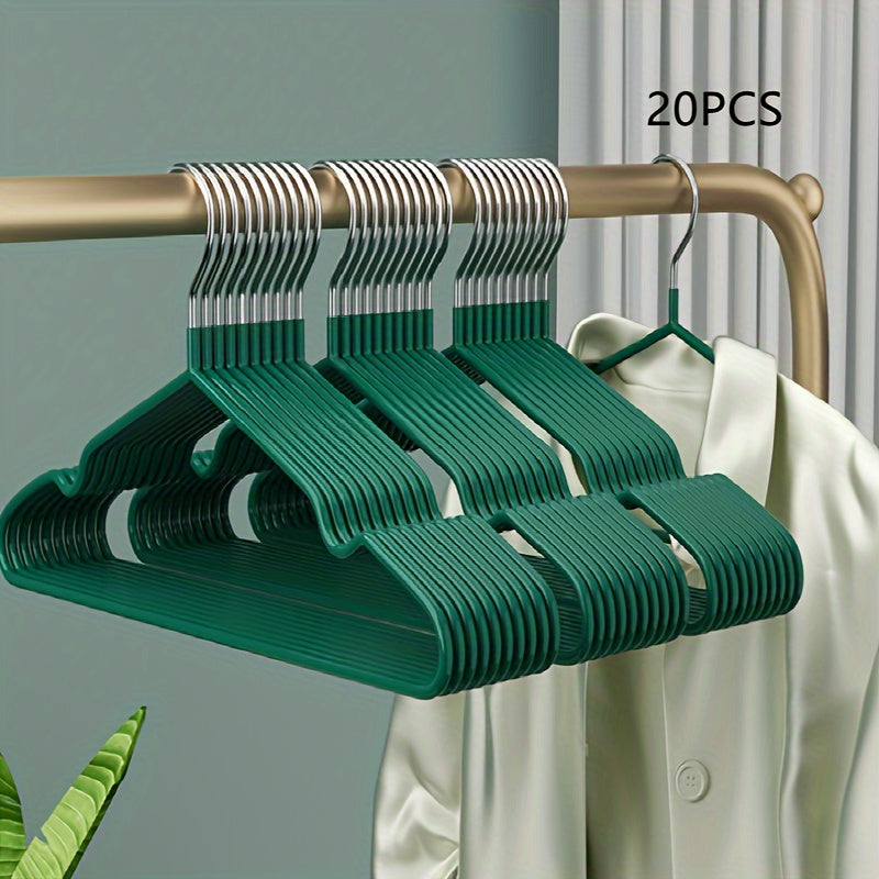 Metal hangers for clothes in a pack of 10 or 20, featuring a heavy-duty design with notched edges for secure hanging. Ideal for saving space in closets and organizing clothes such as coats and shirts. Perfect for use in bathrooms, bedrooms, closets