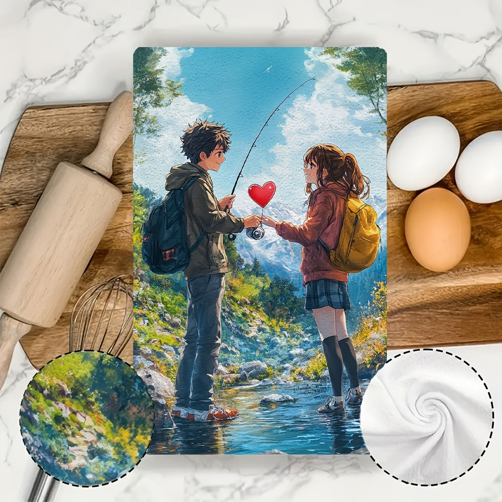 Set of 2 Kitchen Towels - Featuring an Anime Boy Giving a Heart-Shaped Fishing Lure to an Anime Girl, Ultra Soft and Highly Absorbent Dish Hand Towels perfect for Holiday Decor, Machine Washable, 16x24 Inch - Model 2KYSYS1215111