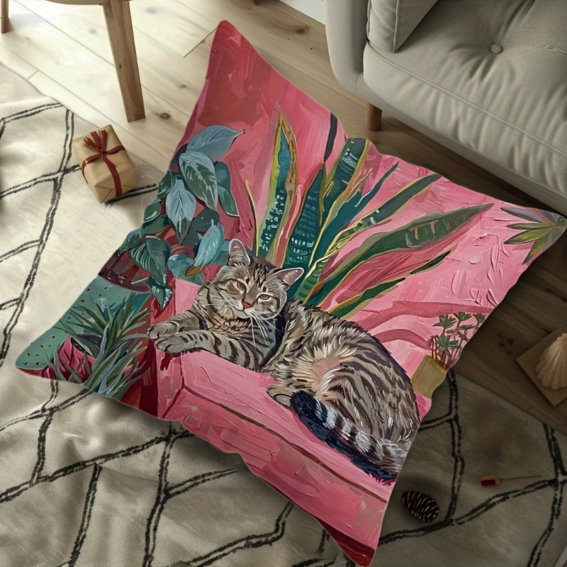 One piece of Glam Style Throw Pillow Cover featuring an Oil Painting Cat & Tropical Plants Print. This Machine Washable Polyester Decorative Cushion Case measures 44.96cm and comes with a Zipper. Perfect for use on the Sofa, Bed, or Car.