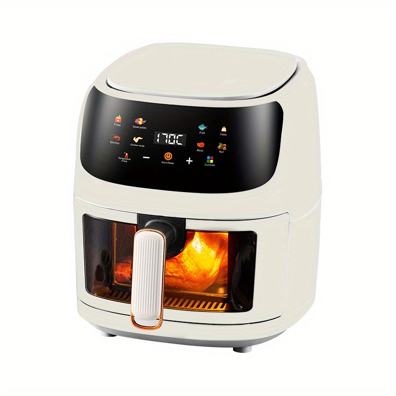 Visual air fryer with color touch screen, perfect for fries, chicken, and steak, with multiple functions for home use.