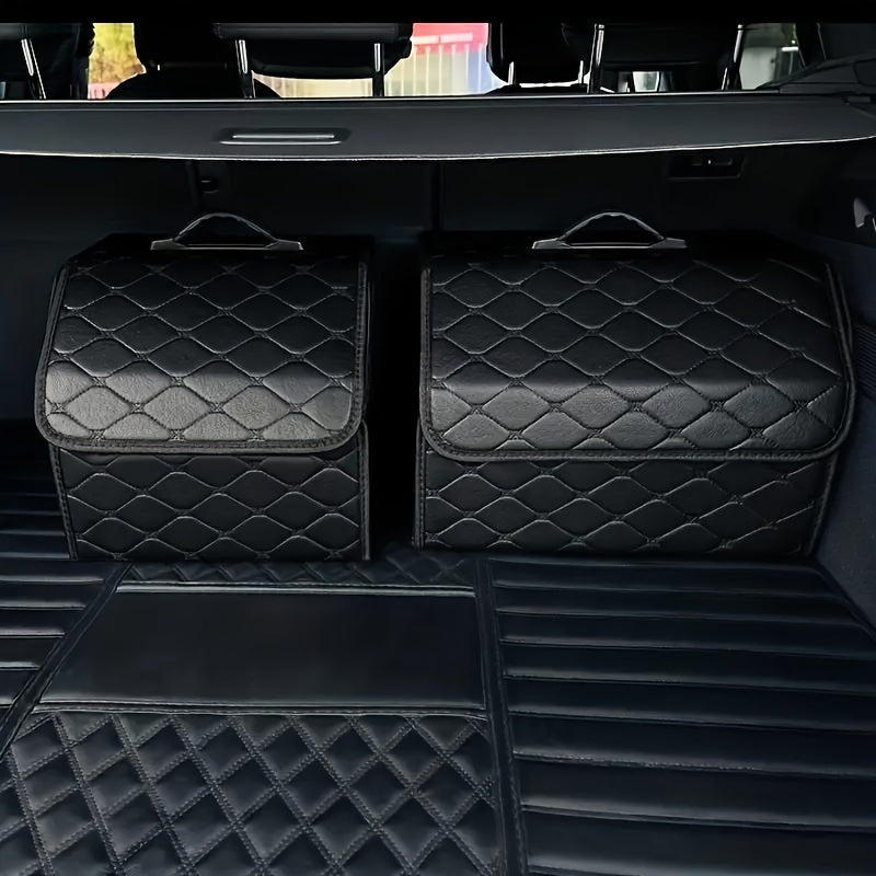 Black quilted PU leather car trunk organizer for SUV & Sedan trunks, providing durable and stylish interior storage.