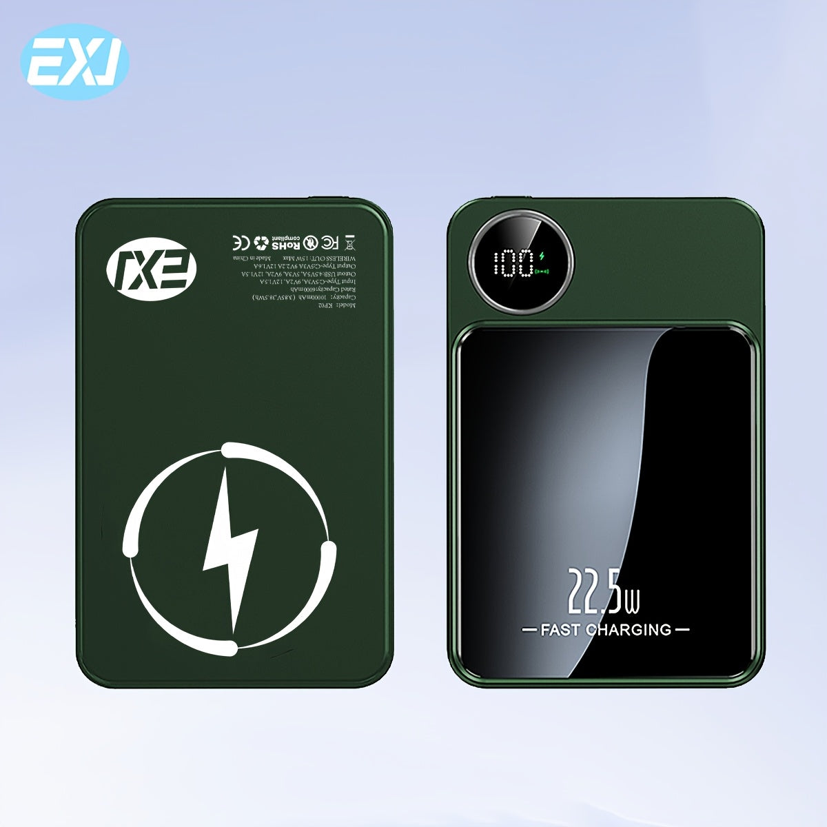 EXJ-PD 22.5W Magnetic Power Bank with USB-C cable, LED display, Mag-Safe, and PD fast charging for iPhone 16/15/14/13/12 models.