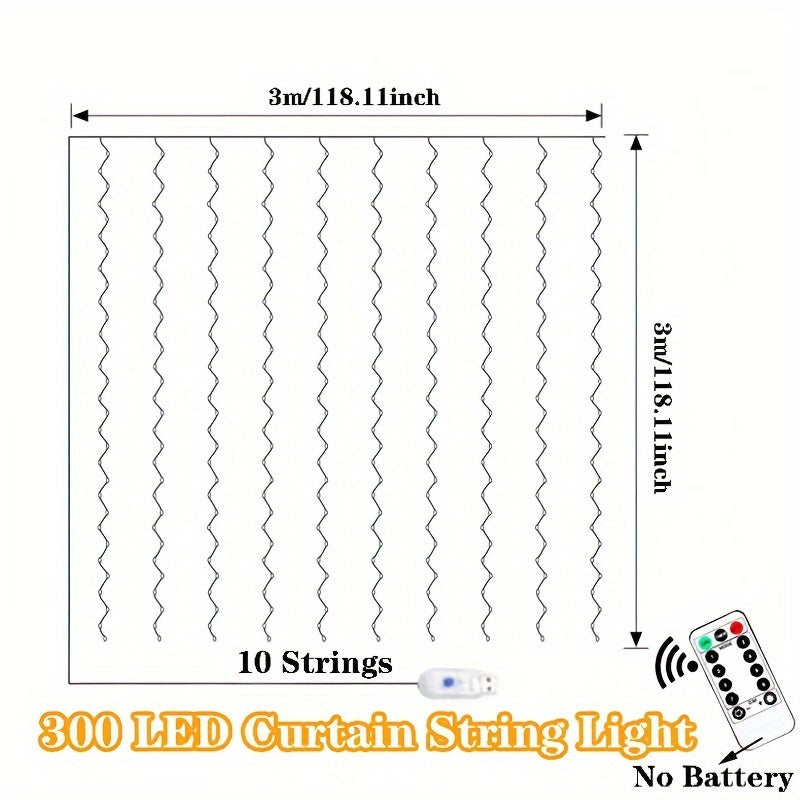 300LED USB Curtain Lights with Remote, 299.92cm x 299.92cm, Classic Style Plastic Hanging Decor for Various Occasions - Warm White Light String