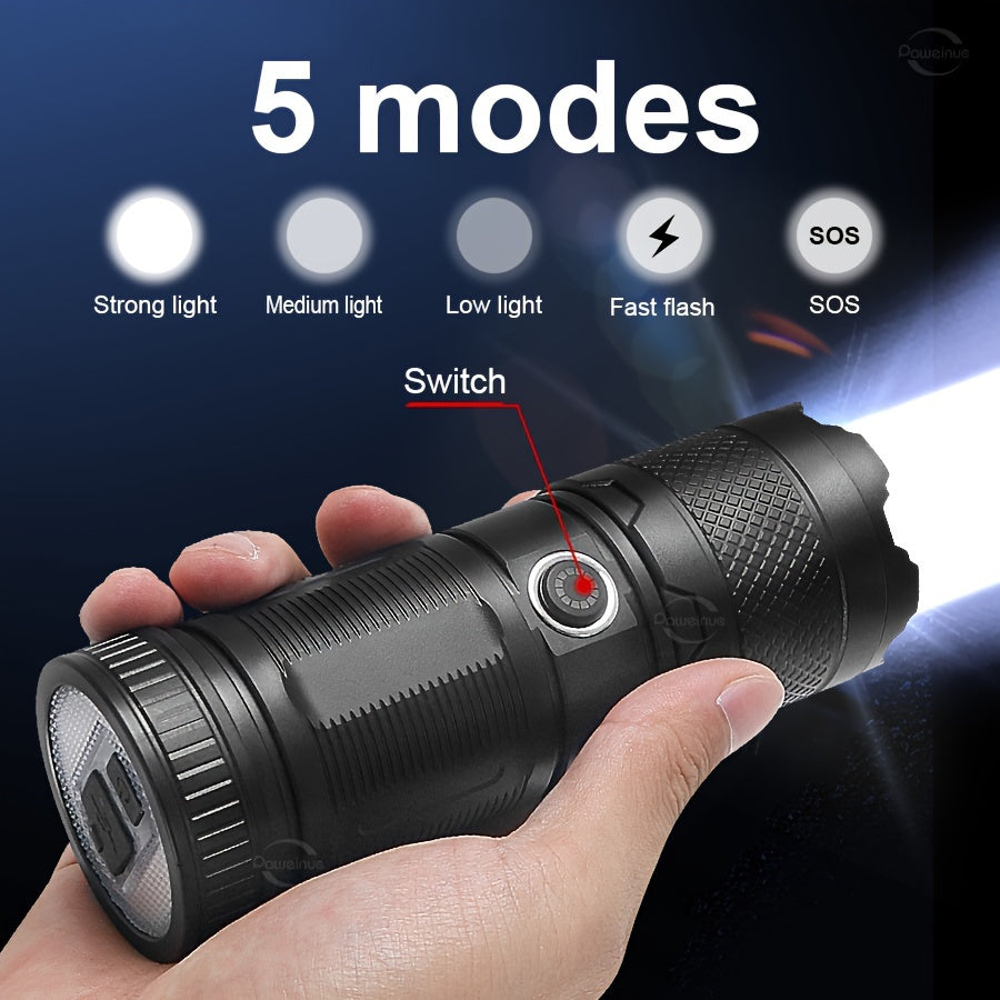 1pc PAWEINUO 30W LED Rechargeable Handheld Flashlight with 5 Modes, SOS Function, and 2600mAh Lithium Battery.