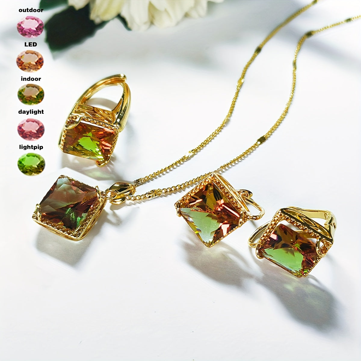 Set of jewelry pieces including a square pendant, earrings, and adjustable ring that change color, made with Sultanite Diaspore gemstones - Custom made jewelry with shifting hues