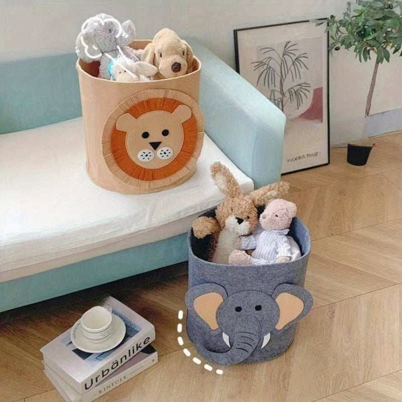 Large capacity 1-piece felt storage basket with cartoon animal design, made of polyester unfinished fabric. This foldable organizer is perfect for storing toys, clothes, and shoes. It can be used as a multi-purpose laundry bin in the home, bedroom, dorm