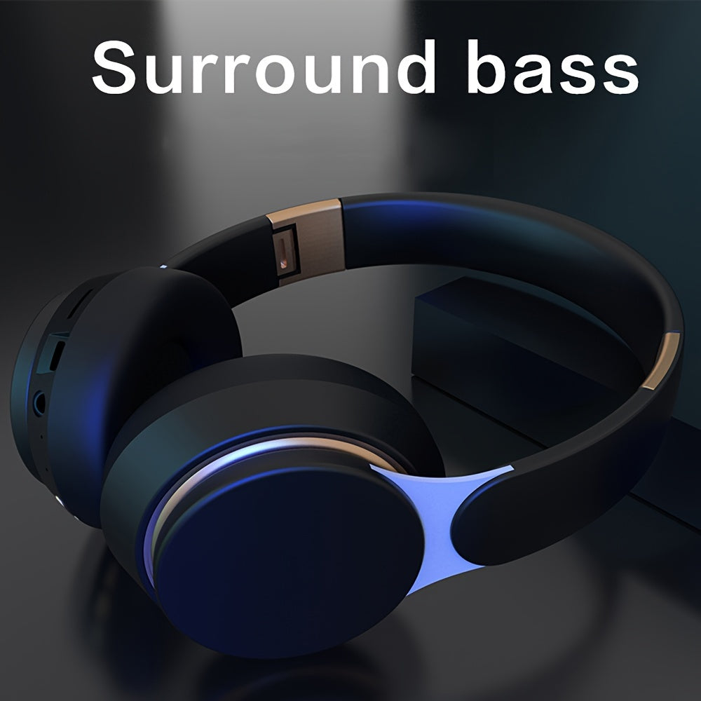 Wireless over-ear headphones with surround bass, foldable design, 400mAh battery. Supports wireless and wired/TF card/radio modes, perfect for sports, gaming, photography, and more.