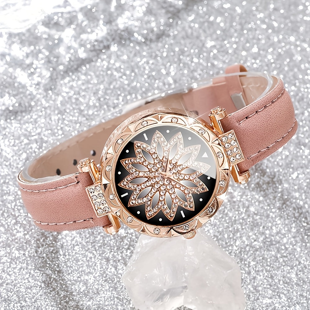 3-piece women's quartz watch set with rhinestone heart dial, PU leather strap, and fashionable design - perfect gift for girlfriend or mother.