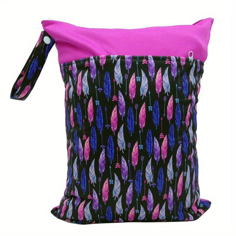 A versatile wet/dry bag that is waterproof and reusable, perfect for storing cloth diapers and breast pump parts. Features two zippered pockets, a convenient handle, and can be used as a beach, pool, gym, or stroller bag. Also great for organizing