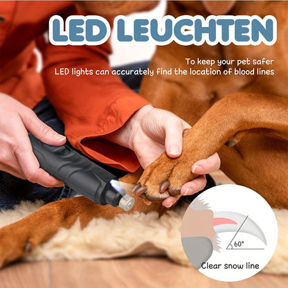 Quiet pet nail grinder for dogs and cats with LED light, rechargeable, 2 speeds, includes nail file and clipper, ideal for large dogs.