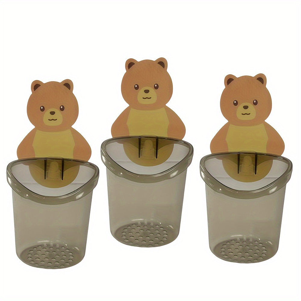 Set of 3 Adorable Bear Toothbrush and Toothpaste Holders - Easily Cleaned Wall-Mounted Bathroom Organizer with Drainage, No Drilling Required - Essential Bathroom Accessory