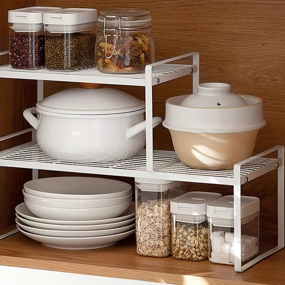 Modern Metal Kitchen Storage Rack, Double-Tier Shelf Organizer for Cabinets & Counters, Multifunctional Open-Storage Island for Spices, Utensils, Microwave - Can be Used Without Electricity, Made Without Wood Materials