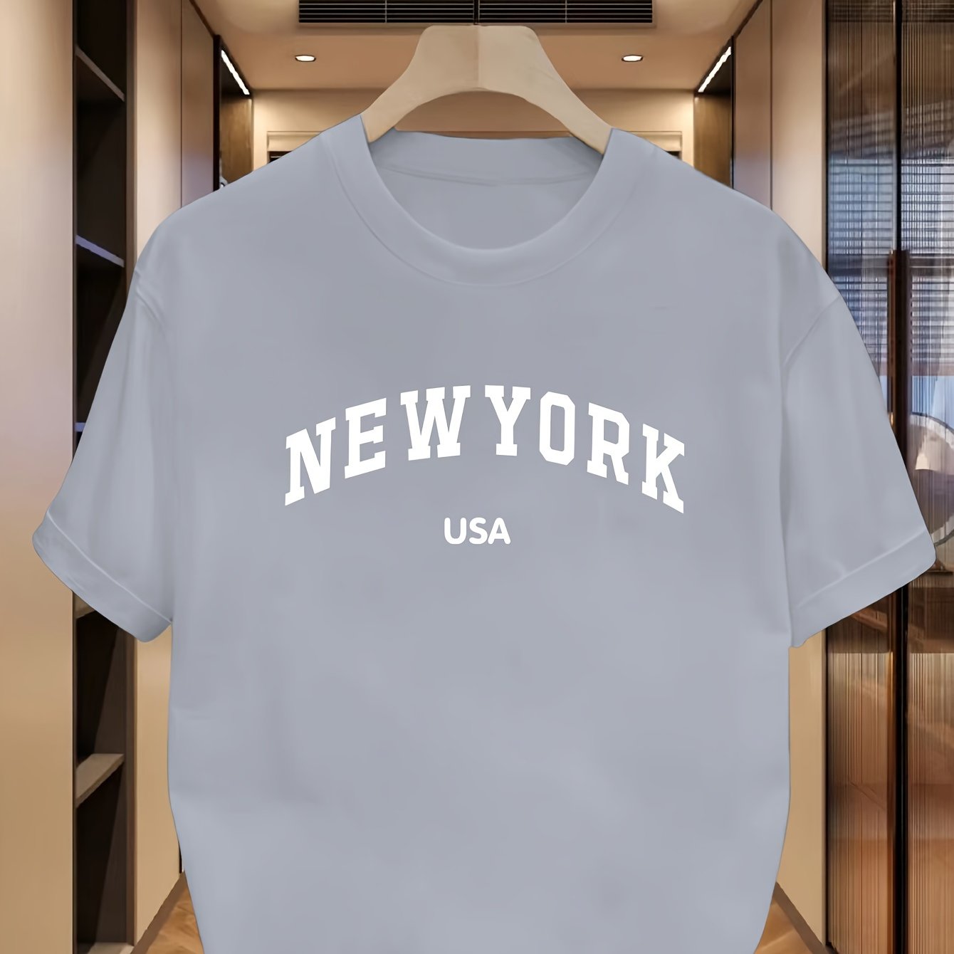 Men's casual crew neck t-shirt with NEW YORK USA print, 95% Polyester 5% Elastane, Slight stretch, Regular fit, Summer wear, 180gsm.